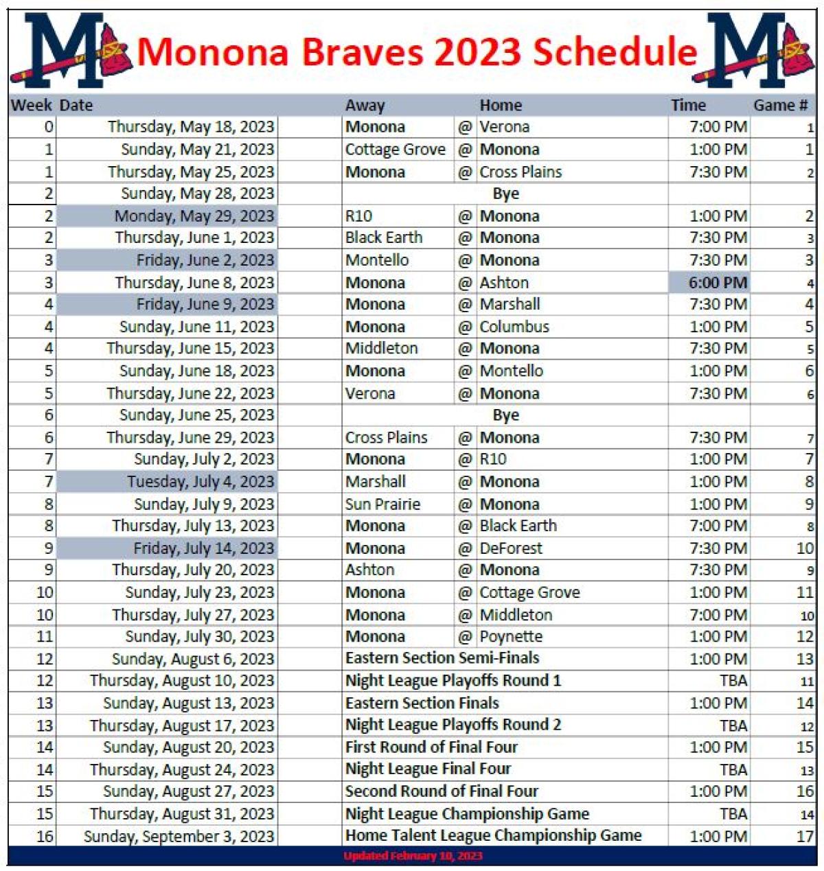 Monona Braves 2023 Schedule